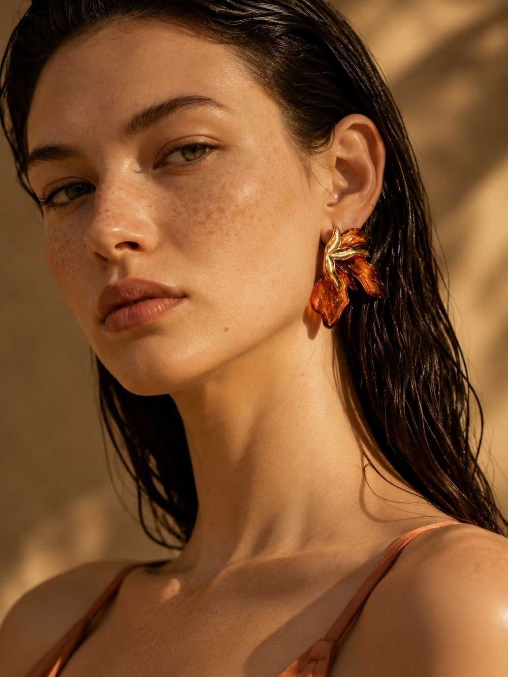 Gold-Plated Earrings with Amber Resin Leaf Petals